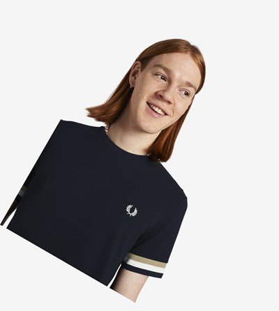 Fred Perry Piqué T Shirts Herre Mørkeblå | 842716-POV