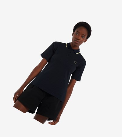 Fred Perry Ribbed Polo Shirt Dame Mørkeblå | 216435-MKO