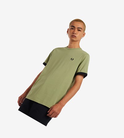 Fred Perry Ringer T Shirts Herre Olivengrøn Grøn | 956418-TNJ