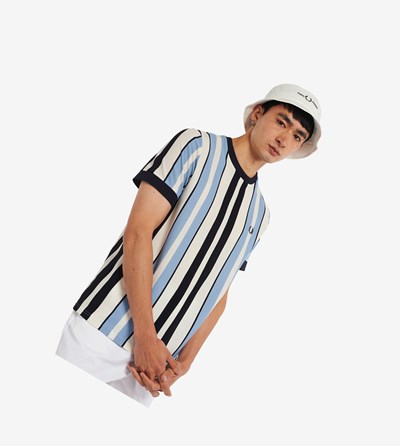 Fred Perry Vertical Stripe Piqué T Shirts Herre Blå | 790354-SCT