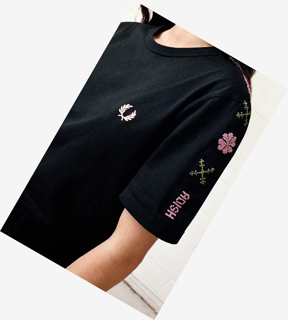 Fred Perry Adish Embroidered Tape Ringer T Shirts Herre Sort | 971546-DAU