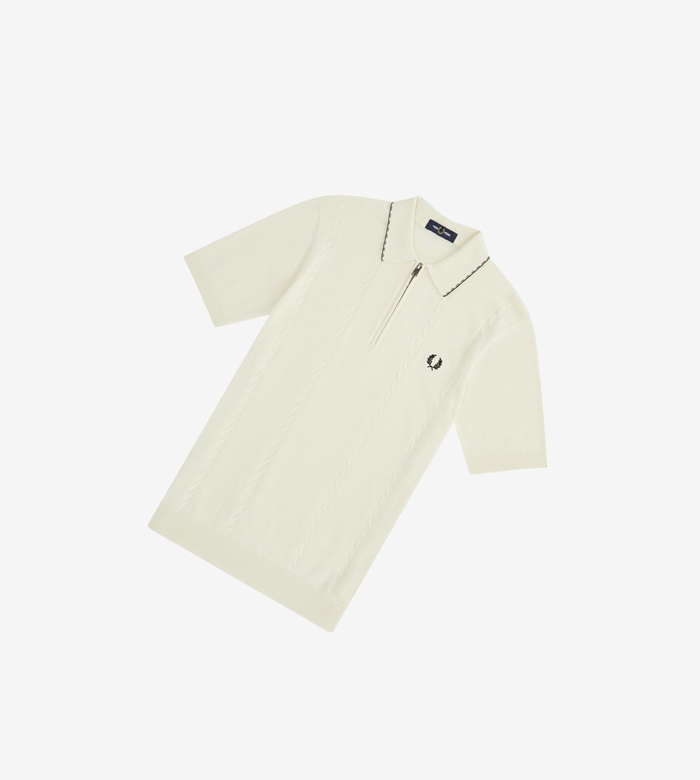 Fred Perry Cable Detail Zip-Neck Knitted Shirt Strikkevarer Herre Beige | 089152-PEN