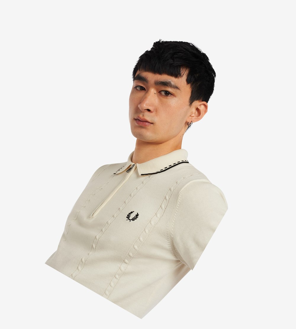 Fred Perry Cable Detail Zip-Neck Knitted Shirt Strikkevarer Herre Beige | 089152-PEN