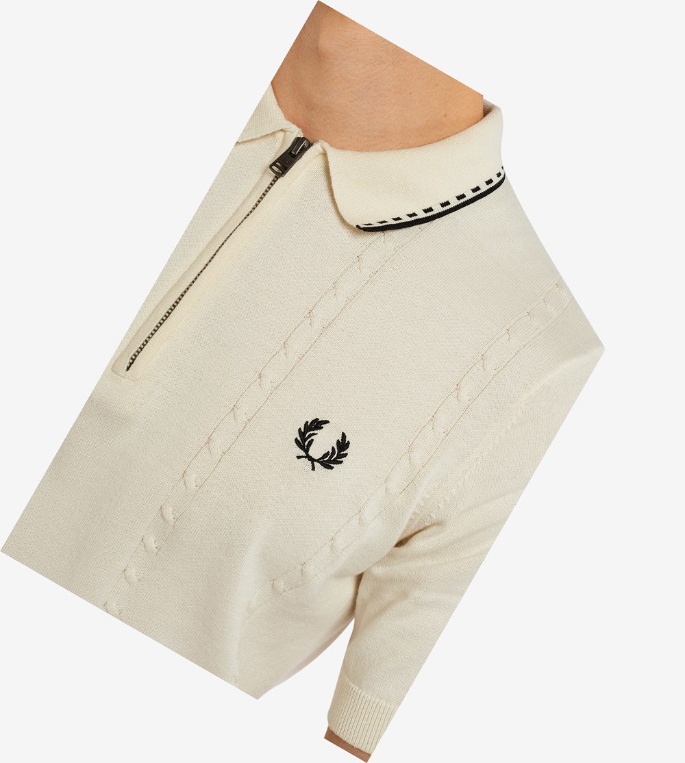 Fred Perry Cable Detail Zip-Neck Knitted Shirt Strikkevarer Herre Beige | 089152-PEN