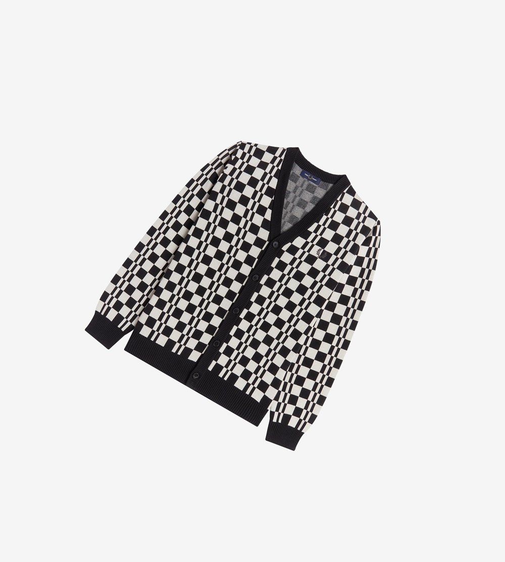 Fred Perry Chequerboard Cardigan Strikkevarer Herre Sort | 453782-LQE