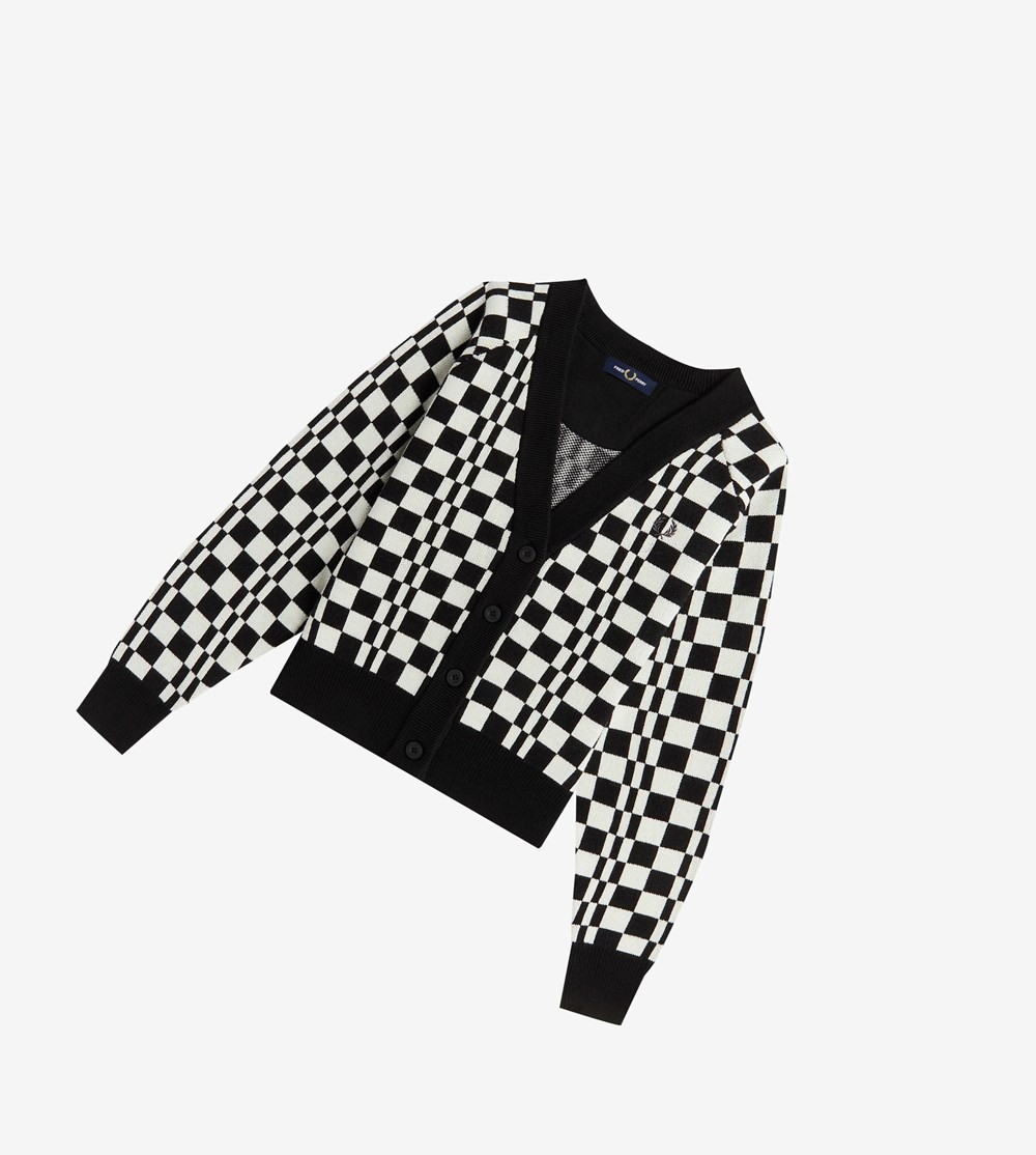 Fred Perry Chequerboard Cardigan Strikkevarer Dame Sort | 704691-BLJ