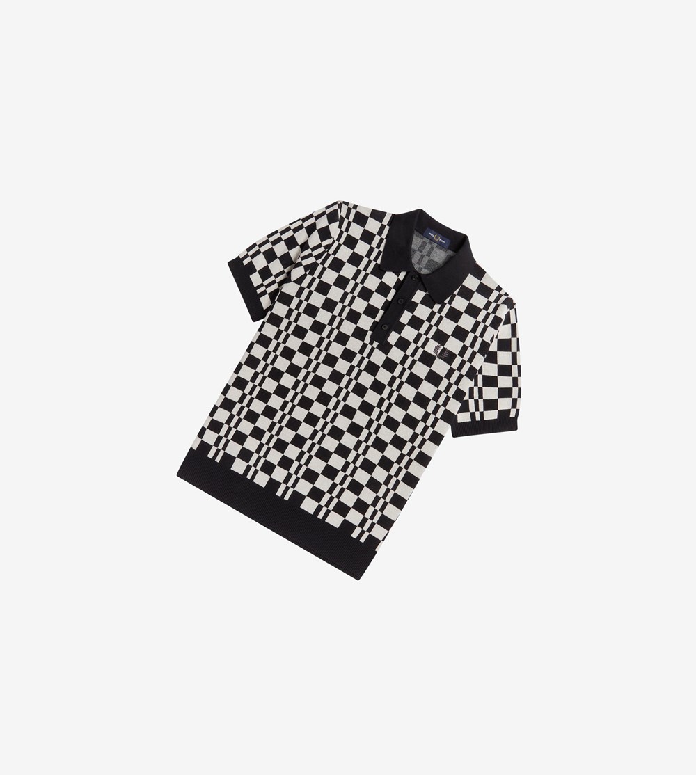 Fred Perry Chequerboard Knitted Shirt Strikkevarer Herre Sort | 798624-WAS