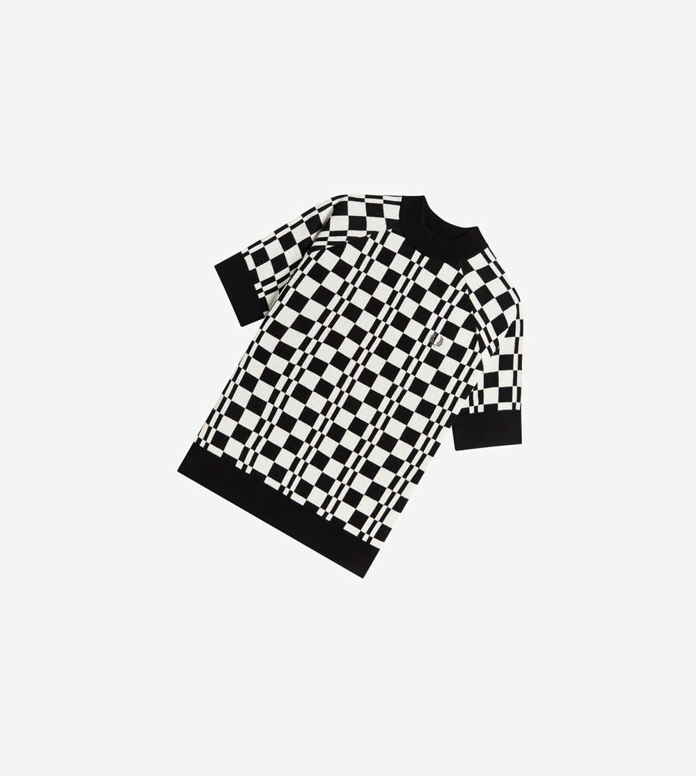 Fred Perry Chequerboard Kort Sleeve Jumper Strikkevarer Dame Sort | 642319-TZD