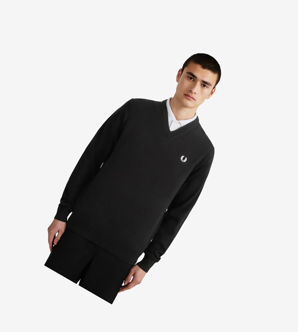 Fred Perry Classic V Neck Jumper Strikkevarer Herre Sort | 085342-HPJ