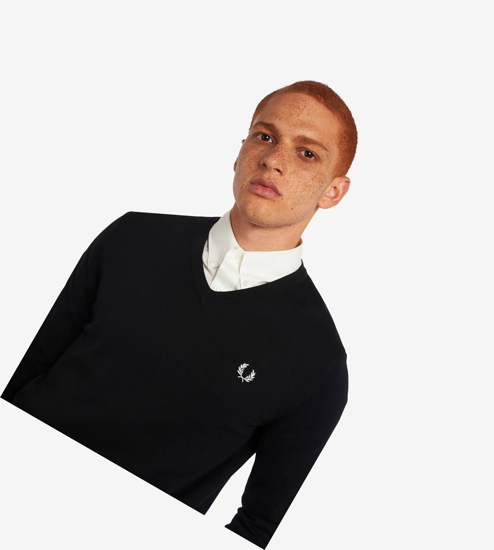 Fred Perry Classic V Neck Jumper Strikkevarer Herre Sort | 085342-HPJ