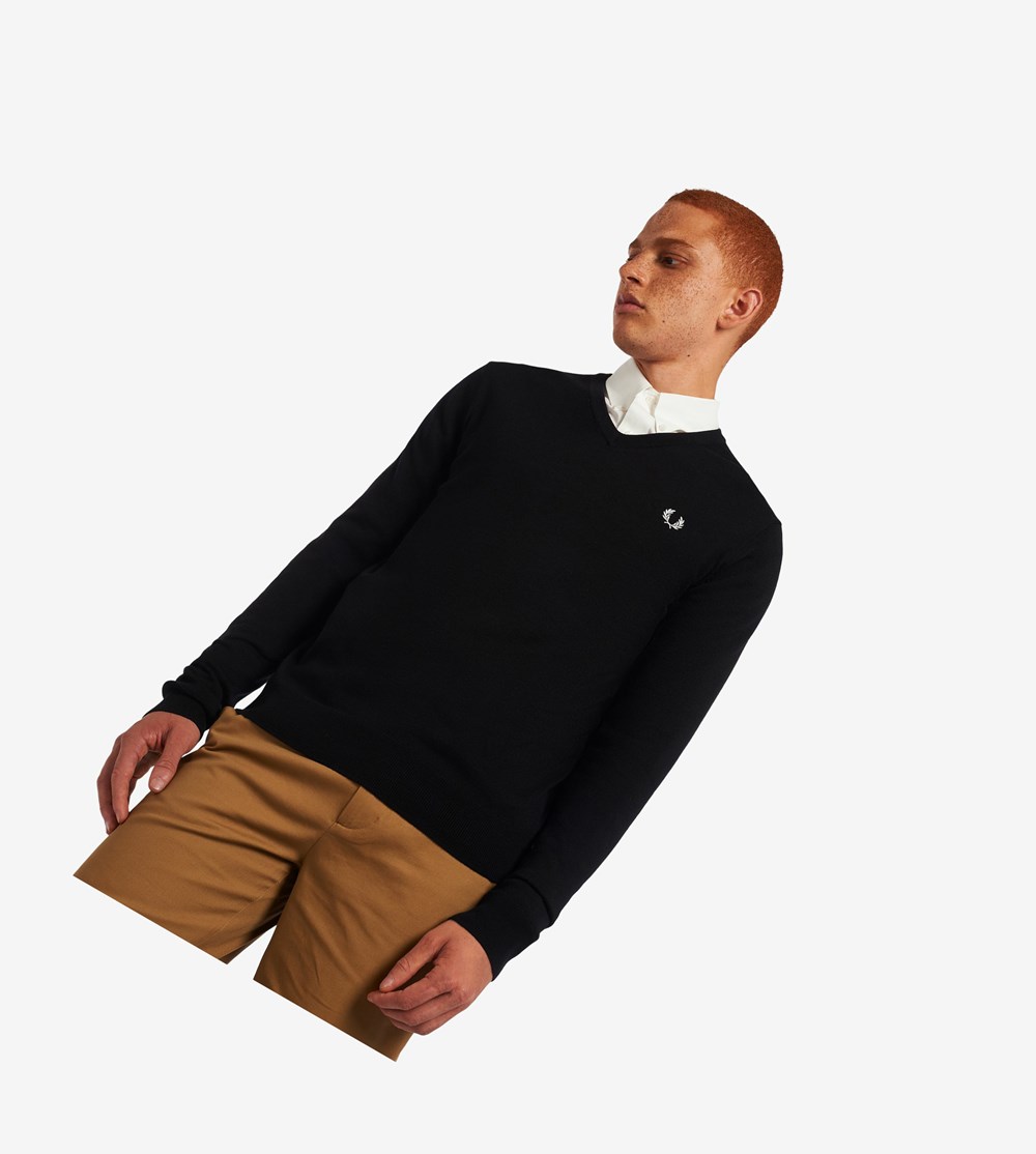 Fred Perry Classic V Neck Jumper Strikkevarer Herre Sort | 085342-HPJ