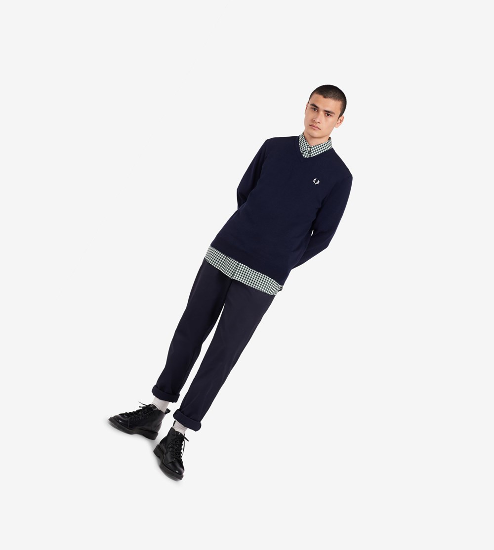 Fred Perry Classic V Neck Jumper Strikkevarer Herre Mørkeblå | 624719-EFB