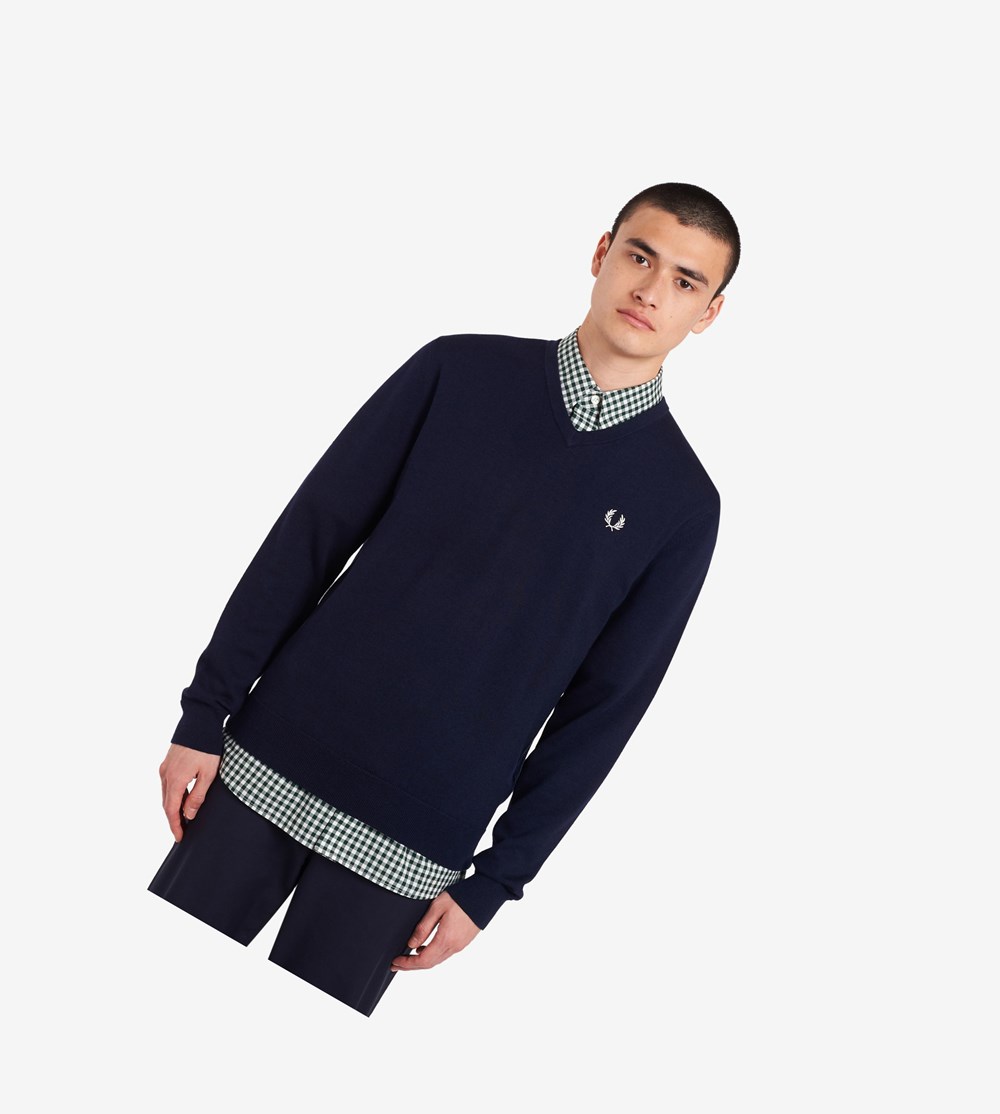 Fred Perry Classic V Neck Jumper Strikkevarer Herre Mørkeblå | 624719-EFB