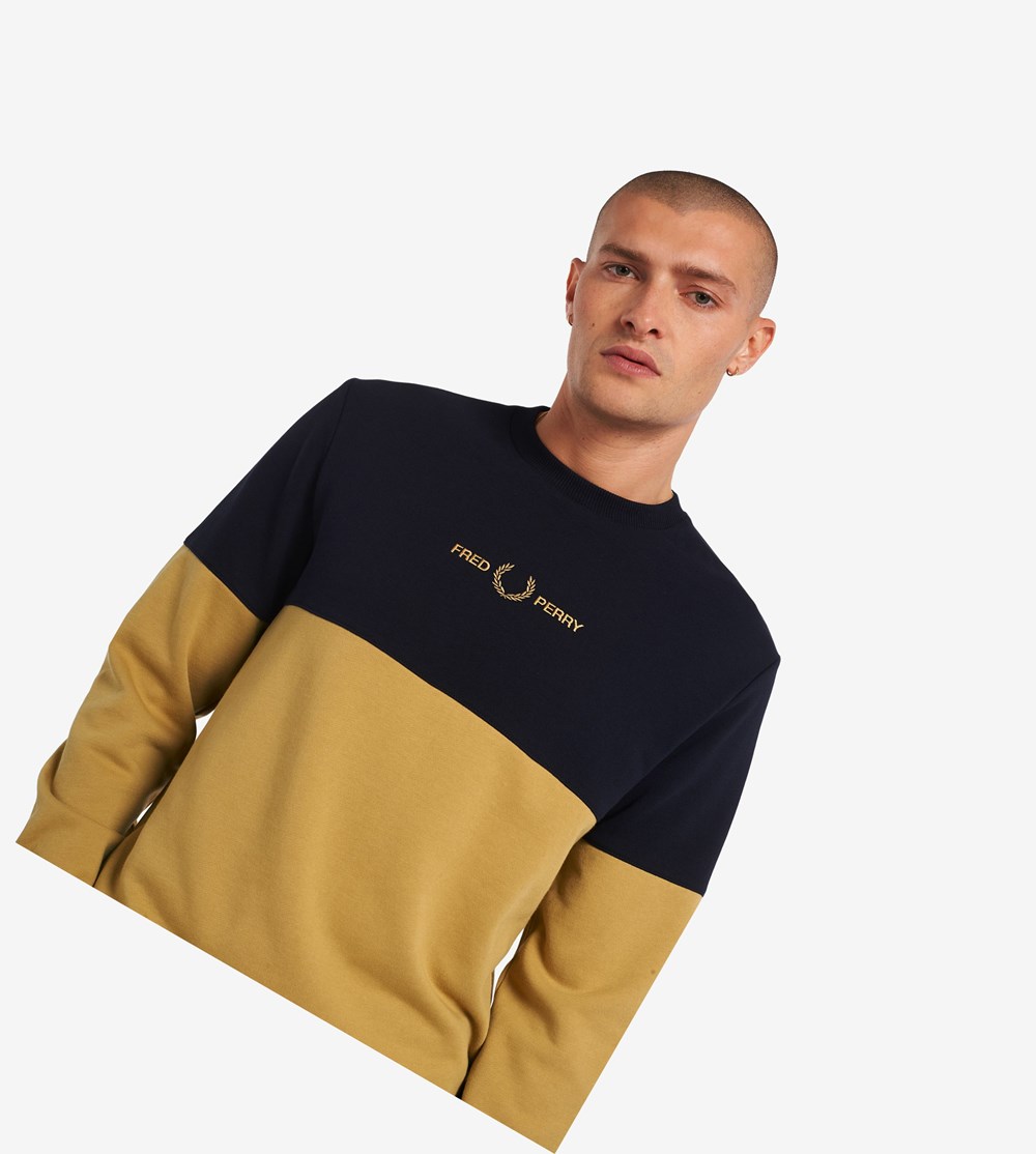 Fred Perry Colour Block Sweatshirt Herre khaki/black | 983201-VWE