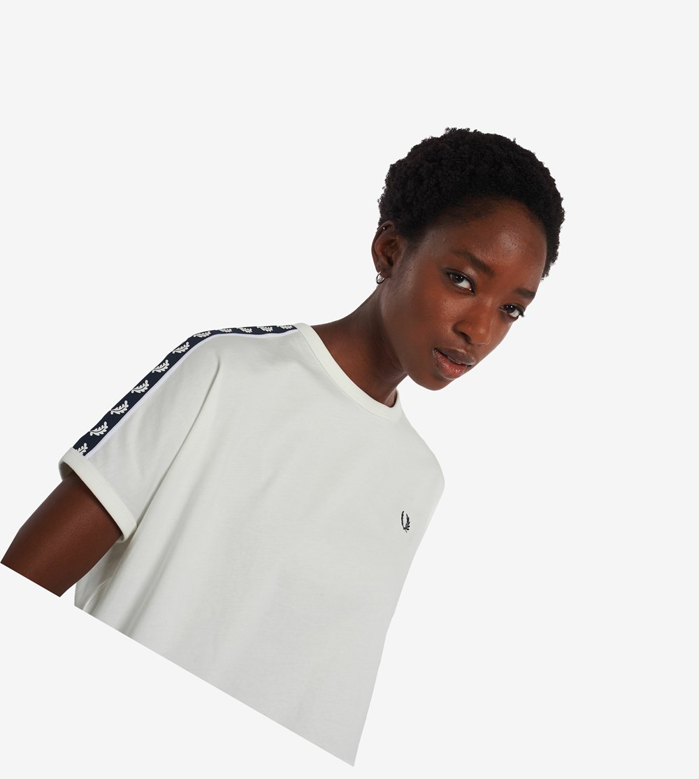 Fred Perry Cropped Taped Ringer T Shirts & Toppe Dame Hvide | 038427-HBT