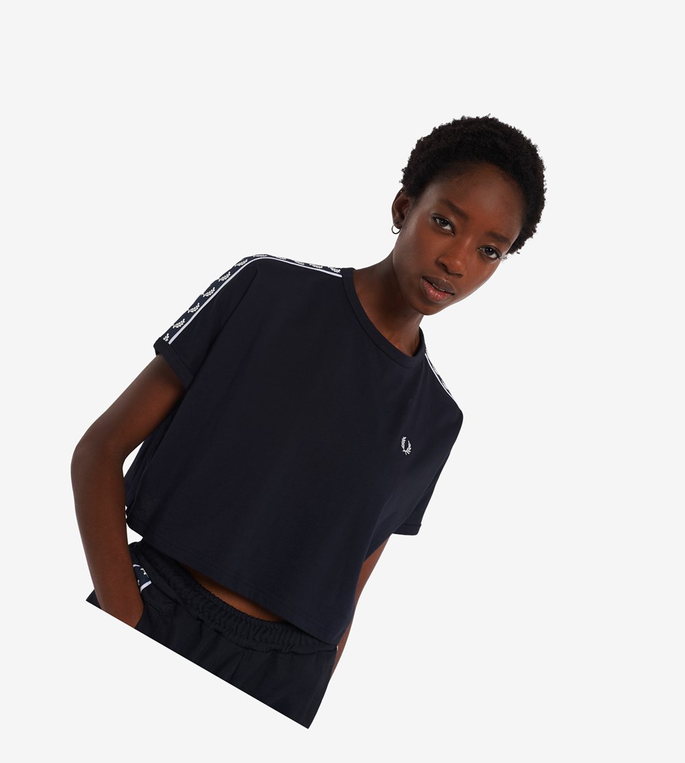 Fred Perry Cropped Taped Ringer T Shirts & Toppe Dame Mørkeblå | 097461-ZSM