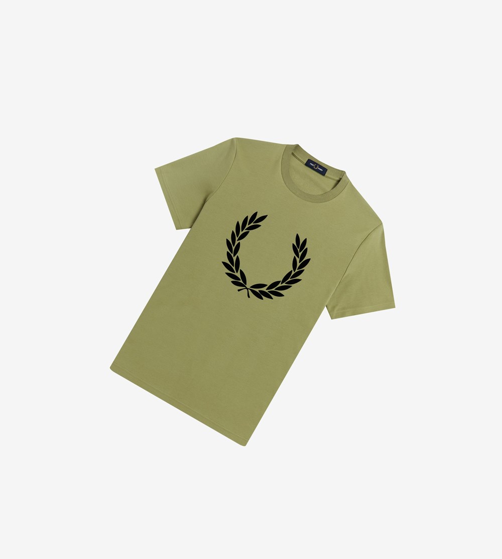 Fred Perry Flock Laurel Wreath T Shirts Herre Olivengrøn Grøn | 381457-CUA