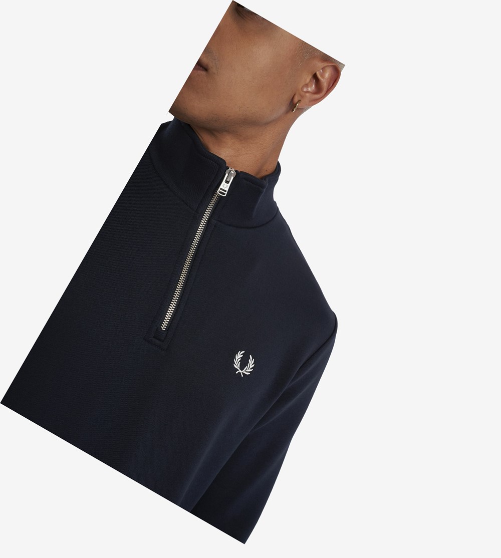 Fred Perry Half Zip Sweatshirt Herre Mørkeblå | 861374-WYA