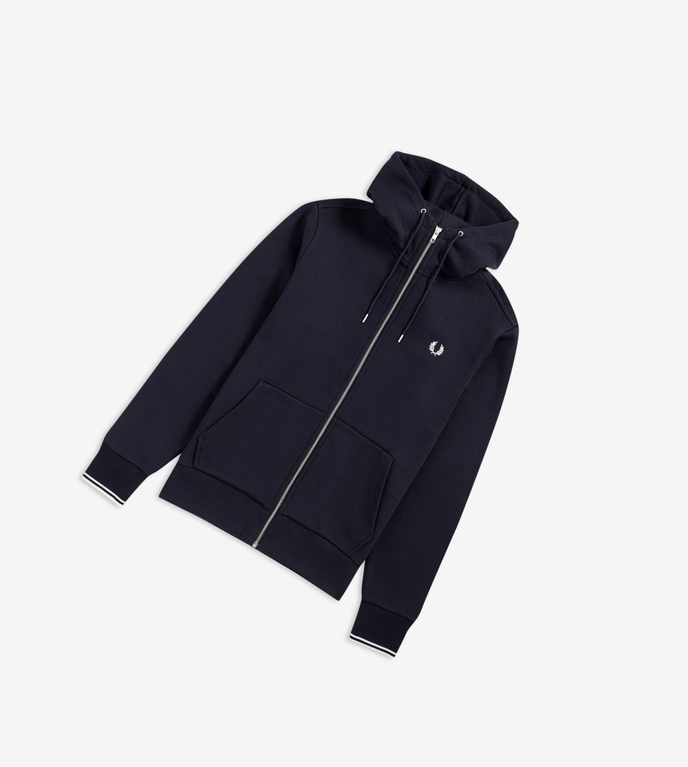 Fred Perry Hætte Zip Through Sweatshirt Herre Mørkeblå | 580974-DCB