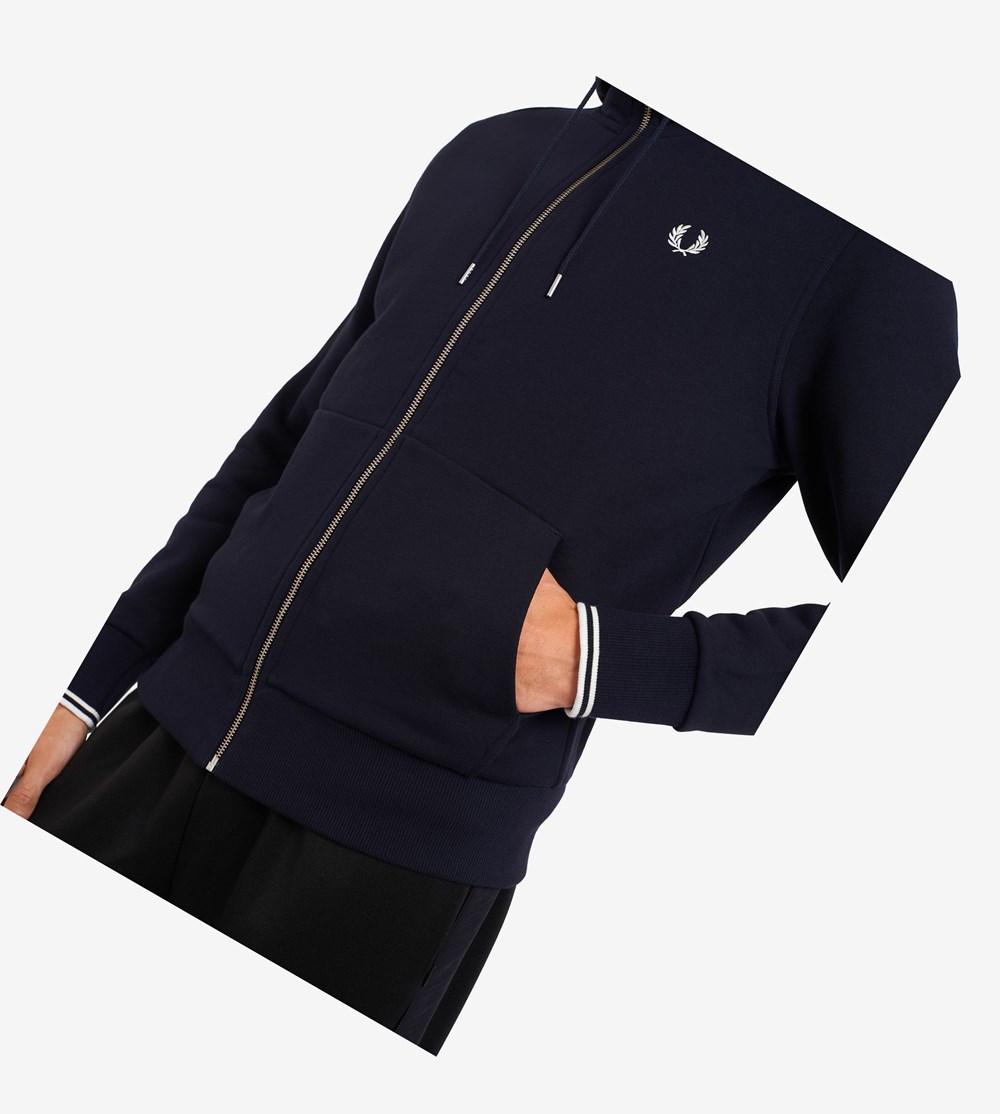 Fred Perry Hætte Zip Through Sweatshirt Herre Mørkeblå | 580974-DCB