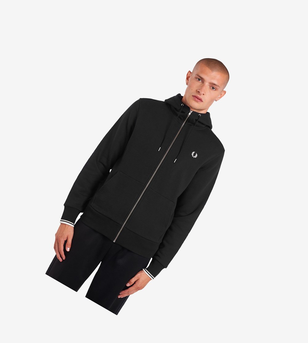 Fred Perry Hætte Zip Through Sweatshirt Herre Sort | 826593-WLE