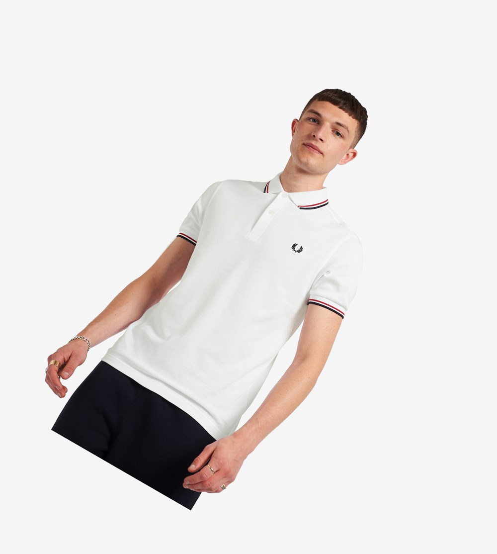 Fred Perry M3600 Polo Shirt Herre Hvide Lyserød Mørkeblå | 215948-DKS