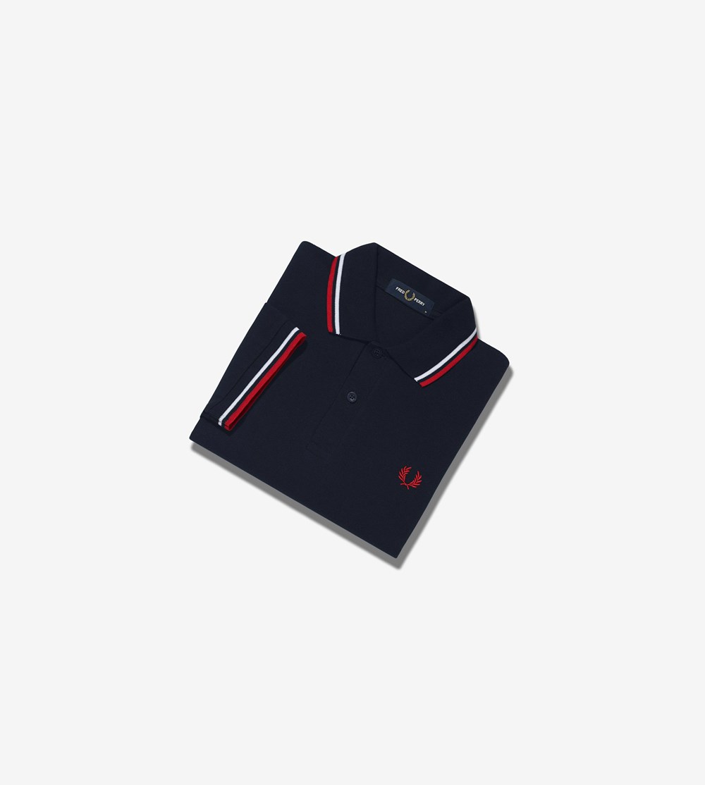 Fred Perry M3600 Polo Shirt Herre Mørkeblå Hvide Rød | 234608-FXL