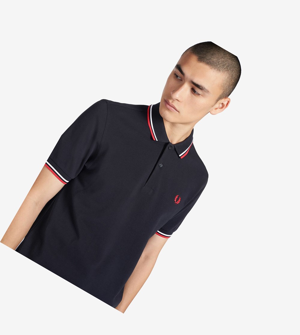 Fred Perry M3600 Polo Shirt Herre Mørkeblå Hvide Rød | 234608-FXL