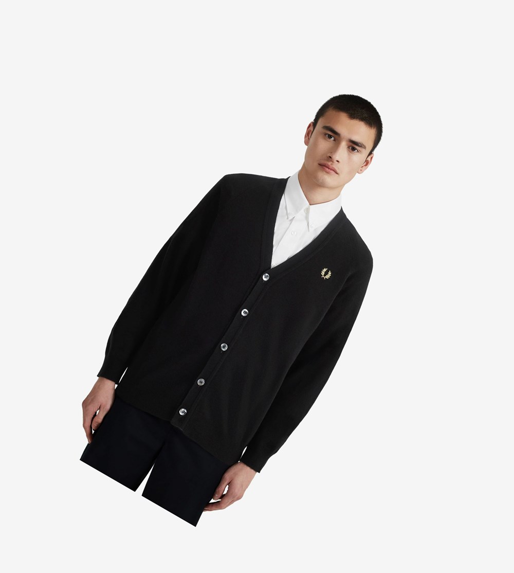 Fred Perry Reissues Lambswool Cardigan Strikkevarer Herre Sort | 740562-HAE