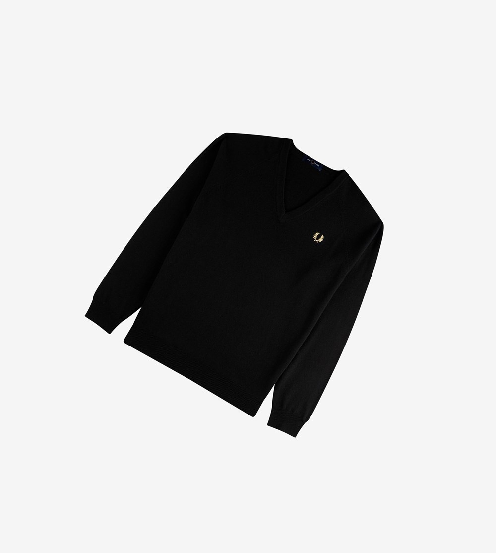 Fred Perry Reissues Lambswool V-Neck Jumper Strikkevarer Herre Sort | 213750-JYF