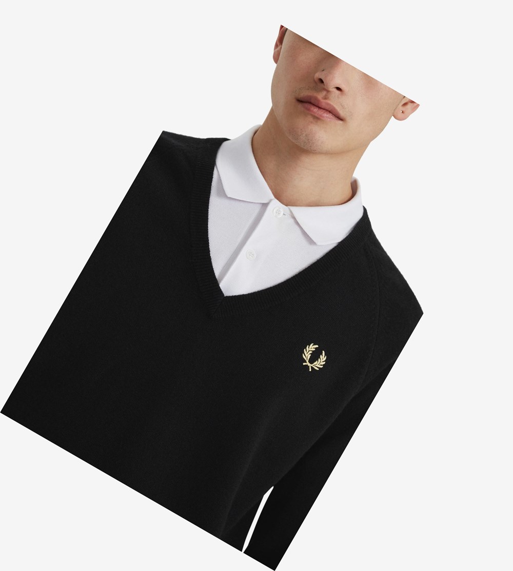 Fred Perry Reissues Lambswool V-Neck Jumper Strikkevarer Herre Sort | 213750-JYF