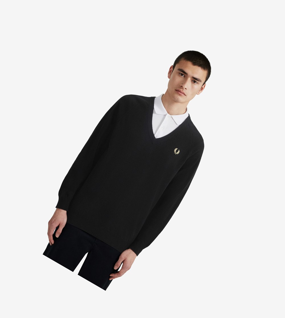 Fred Perry Reissues Lambswool V-Neck Jumper Strikkevarer Herre Sort | 213750-JYF