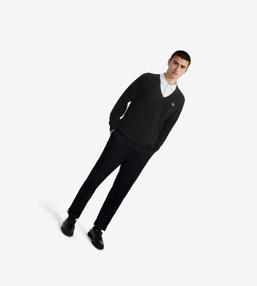 Fred Perry Reissues Lambswool V-Neck Jumper Strikkevarer Herre Sort | 213750-JYF