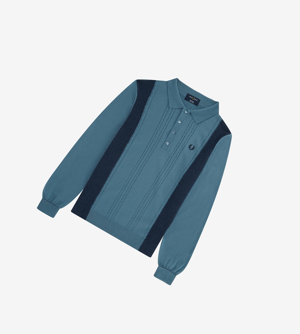 Fred Perry Reissues Panelled Cable Knit Shirt Strikkevarer Herre Grå Blå | 402168-GWN