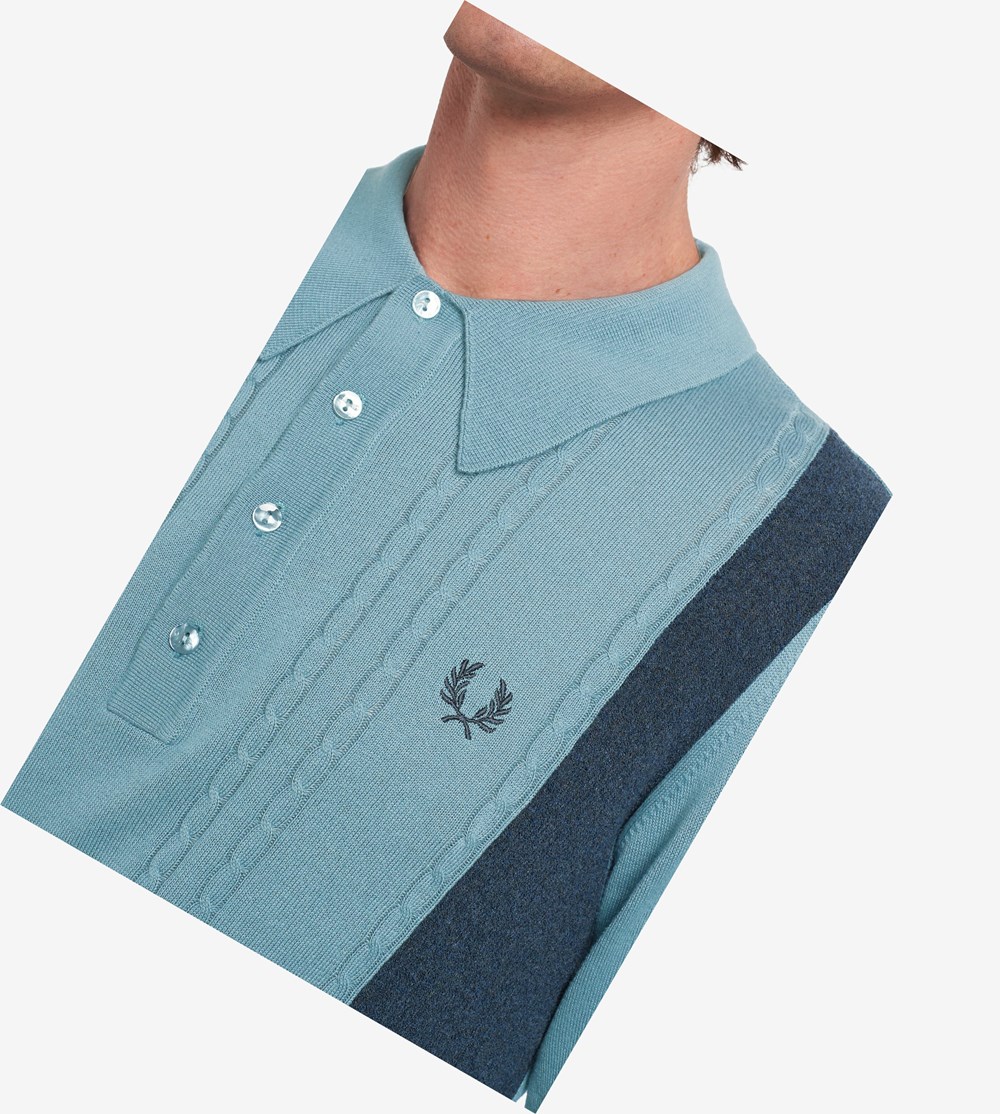 Fred Perry Reissues Panelled Cable Knit Shirt Strikkevarer Herre Grå Blå | 402168-GWN