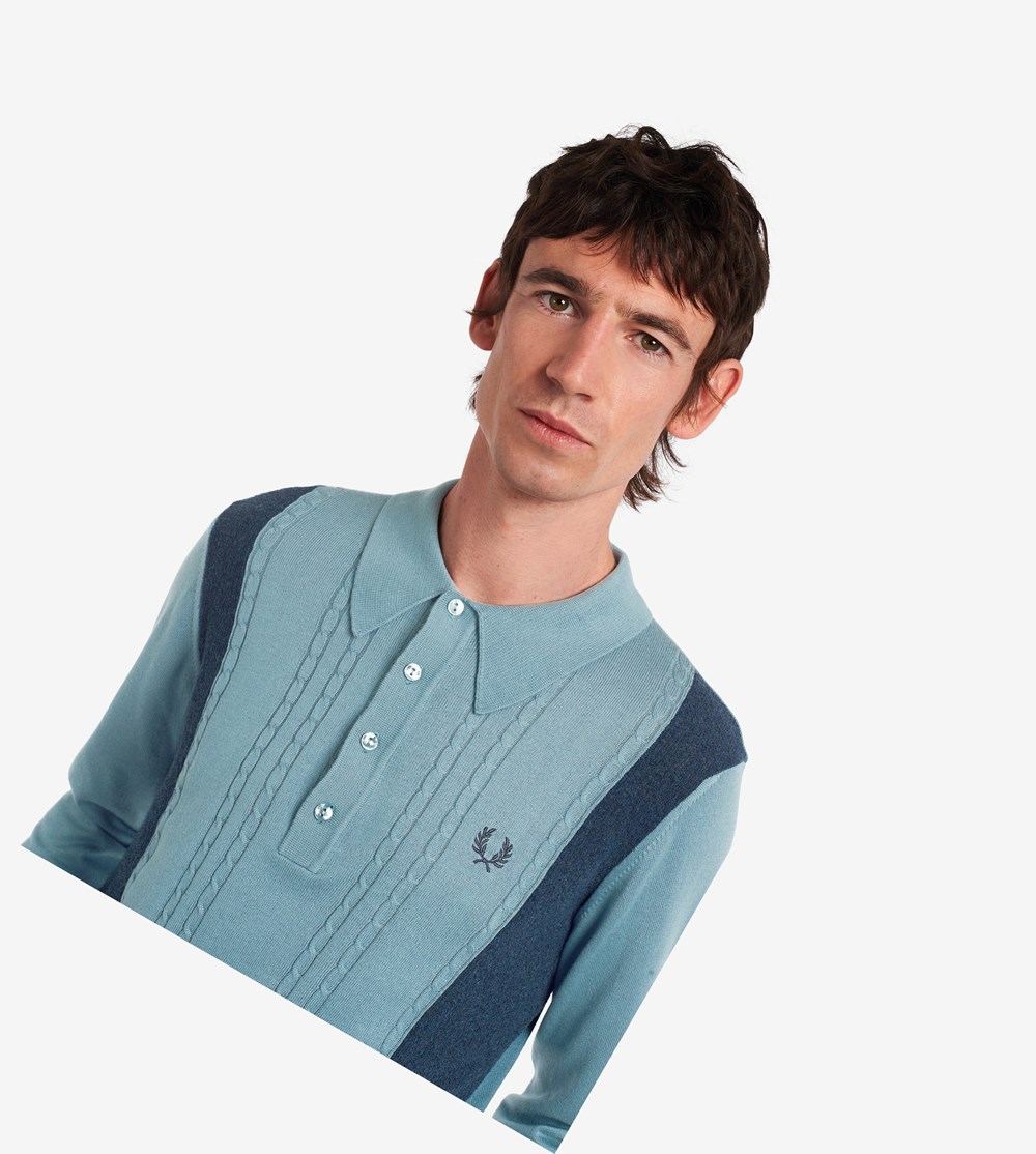 Fred Perry Reissues Panelled Cable Knit Shirt Strikkevarer Herre Grå Blå | 402168-GWN