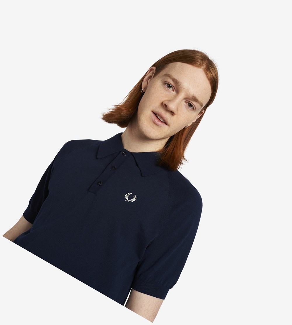 Fred Perry Reissues Raglan Sleeve Knitted Shirt Strikkevarer Herre Mørkeblå | 357049-AVZ