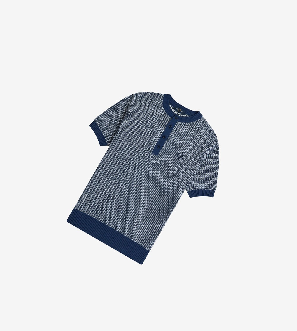 Fred Perry Reissues Two Colour Texture Knit Henley Strikkevarer Herre Mørkeblå | 063241-UGO