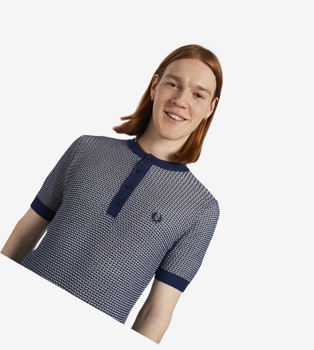 Fred Perry Reissues Two Colour Texture Knit Henley Strikkevarer Herre Mørkeblå | 063241-UGO