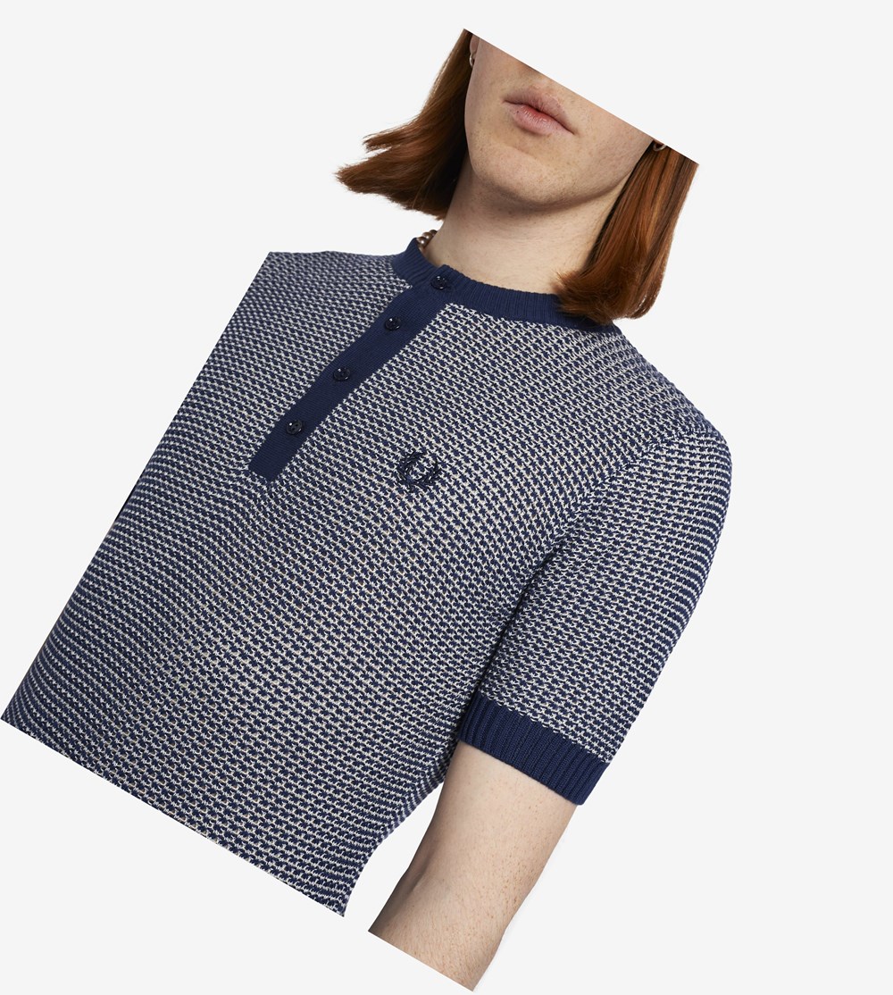 Fred Perry Reissues Two Colour Texture Knit Henley Strikkevarer Herre Mørkeblå | 063241-UGO