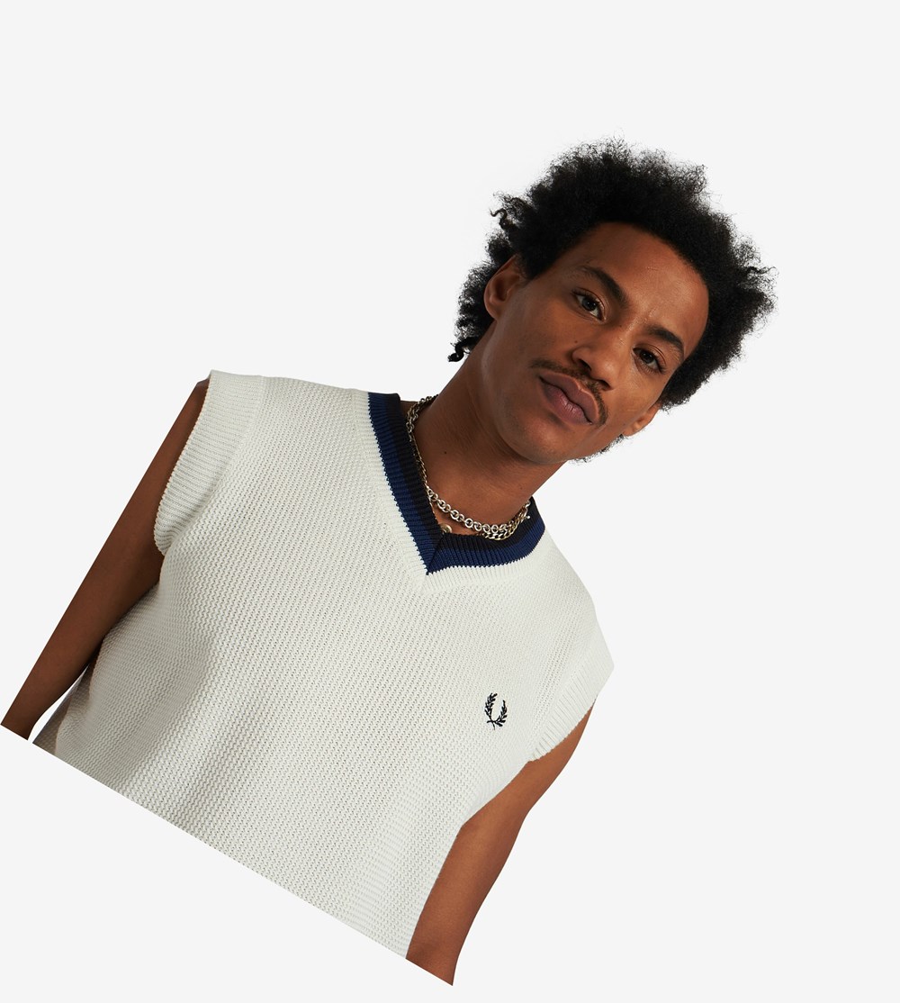 Fred Perry Reissues V-Neck Knitted Tank Strikkevarer Herre Hvide | 871324-RIH