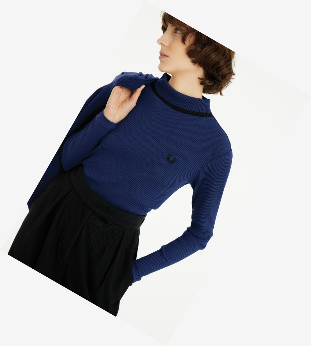 Fred Perry Ribbed Mock Neck Top Polo Shirt Dame Mørkeblå | 970145-SGN