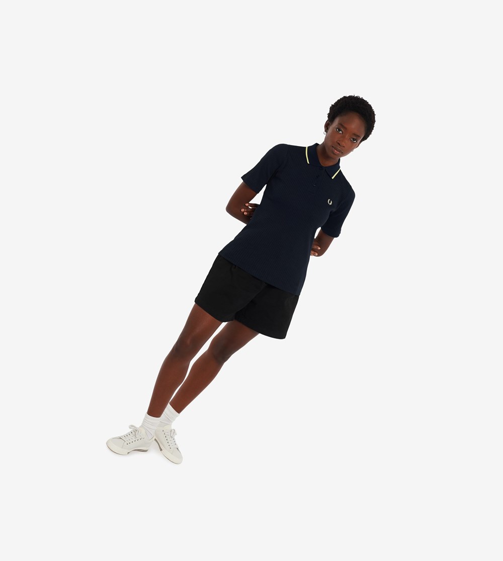 Fred Perry Ribbed Polo Shirt Dame Mørkeblå | 216435-MKO