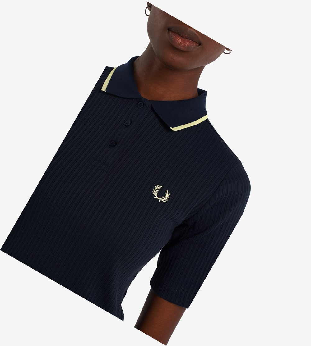 Fred Perry Ribbed Polo Shirt Dame Mørkeblå | 216435-MKO