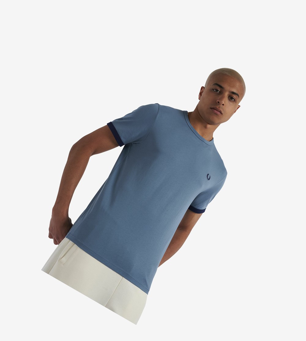 Fred Perry Ringer T Shirts Herre Grå Blå | 368150-CYU