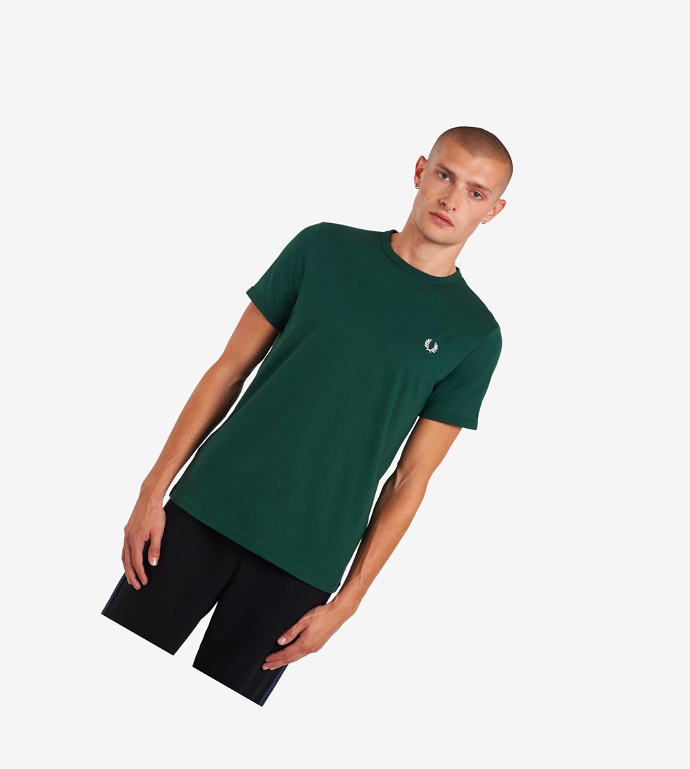 Fred Perry Ringer T Shirts Herre Mørkegrøn | 174903-ABQ