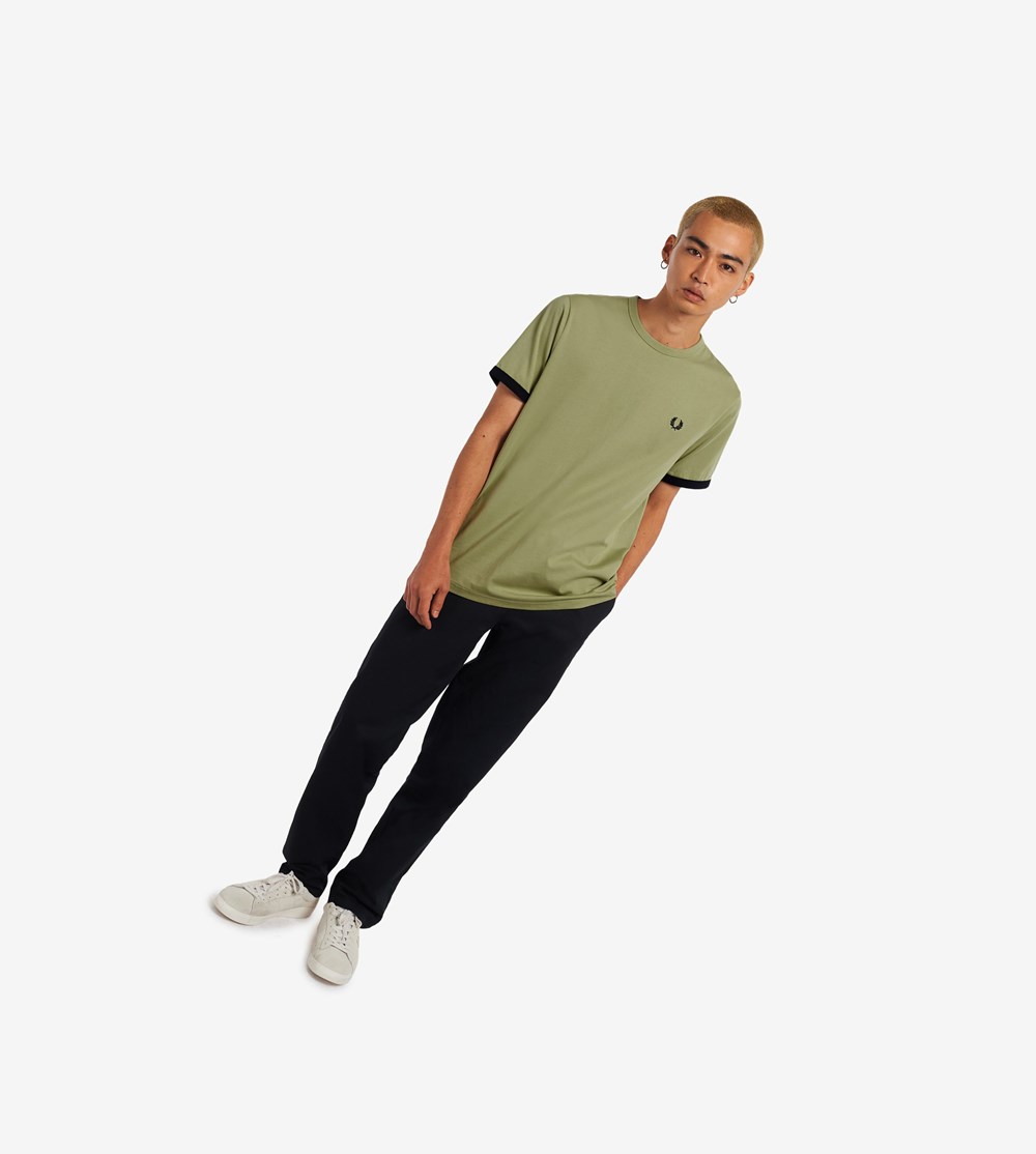 Fred Perry Ringer T Shirts Herre Olivengrøn Grøn | 956418-TNJ