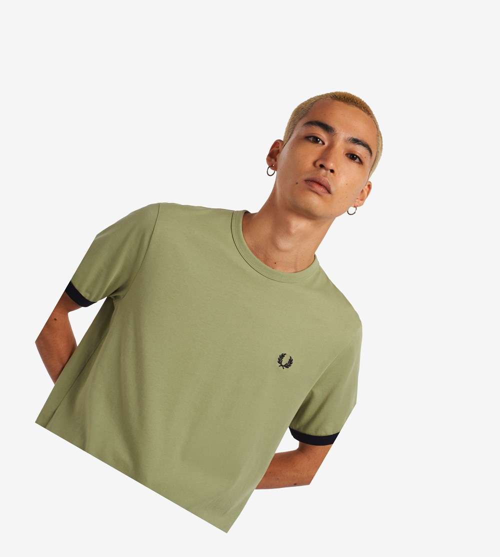 Fred Perry Ringer T Shirts Herre Olivengrøn Grøn | 956418-TNJ