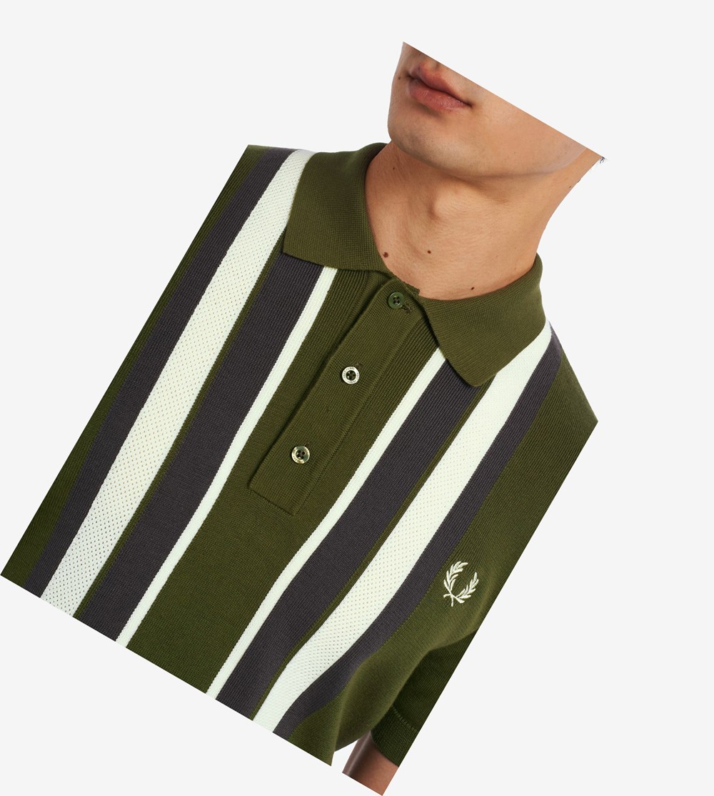 Fred Perry Striped Knitted Shirt Strikkevarer Herre Grøn | 865371-GHB