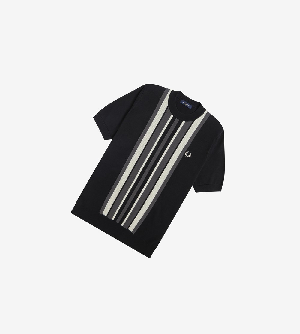 Fred Perry Striped Knitted T-Shirt Strikkevarer Herre Sort | 874539-AWM